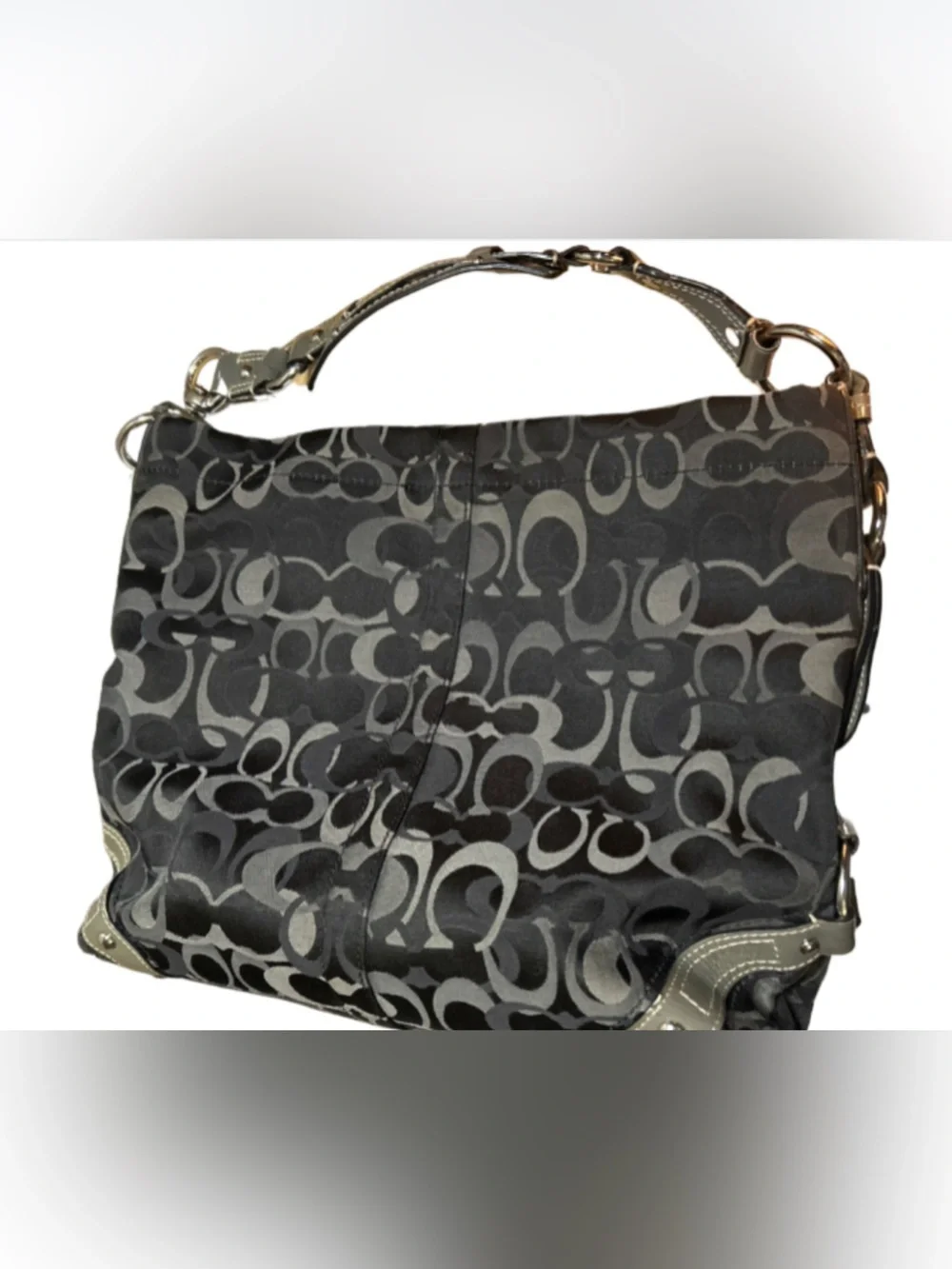 Coach Carly signature jacquard hobo black l& gray bag with chunky silver EUC